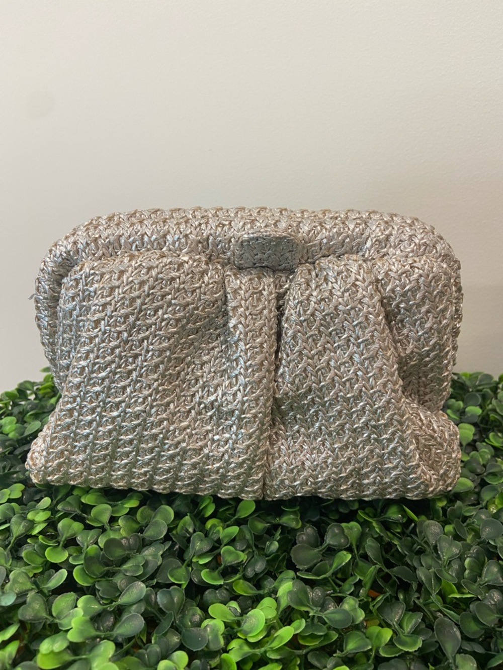 Olga Berg Silver Woven Pleat-Front Clutch
